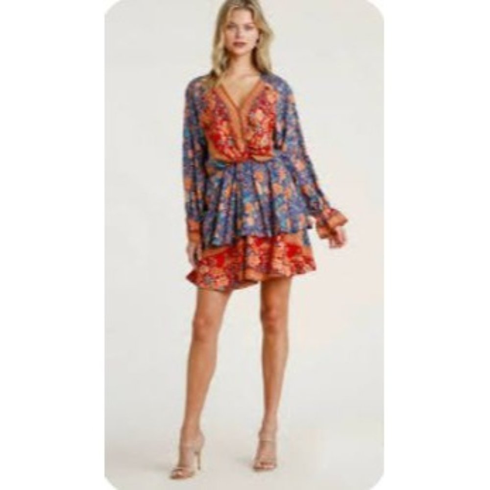 Umgee Size Medium Deep V-Neck Colorful Layered Tiered Mini Dress Long Sleeve
